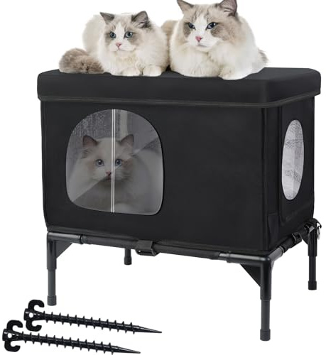 Outdoor Cat House Weatherproof, Insulated Feral Cat Houses for Cats with Cozy Cushion, Elevated Outdoor Cat Shelter, Equipped with Escape Door, Outside Cats House for Stray Cats(Medium)