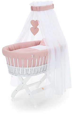 FabiMax Stubenwagen Weiß Komplettset mit Matratze, Musselin-Schlafsack oder Bettwäsche, Himmel & Weidenkorb (Decke/Kissen, Rosa)