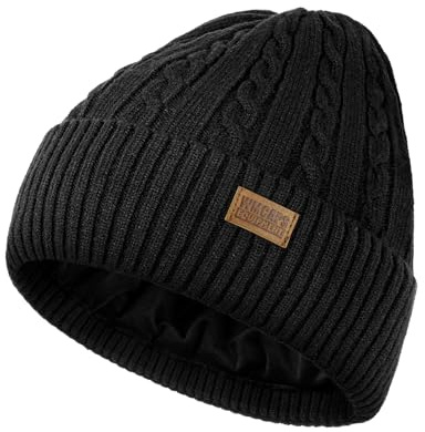 Wmcaps Wintermütze für Damen Herren, Fleecegefütterte Thermomütze mit Zopfmuster Geripptem Rand, Weiche Bequeme Dehnbare Strickmütze Geburtstagsgeschenk, Schwarz