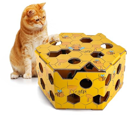 ALL FOR PAWS Interaktives Katzen Spielzeug –Futterlabyrinth-Box als Langsamfütterer für Hauskatzen, Interaktive Leckerli-Spielbox für Katzen (Fuzzy Hive Puzzle)