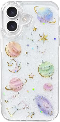 Efitoo for iPhone 16 Case Glitter Clear with Planet Design Cute Girly Women Aesthetic Bling Sparkle Stars Moon Transparent Soft TPU Kawaii Shockproof Protective Phone Cover (Space Theme)