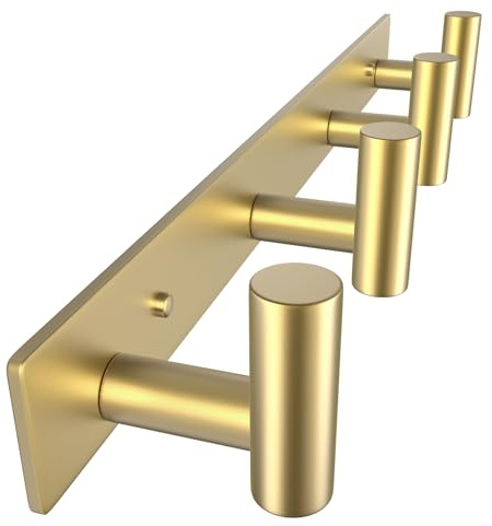 WUIVIUT Heavy Duty Hook Towel Rack, Stainless Steel T-Shaped Coat Hook 11.5 Inch Screws Fixed Wall Hanger Hooks, 29.5cm Hook Clothes Rail (Gold, 4 Hooks)