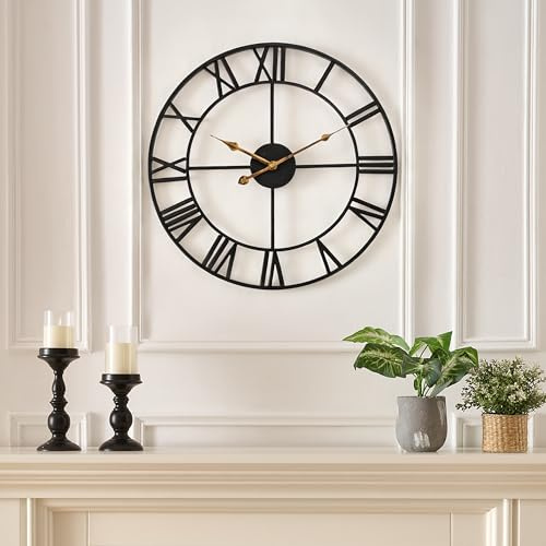 SkyNature Wanduhr, 30cm Lautlos Ohne Tickgeräusche Klein Wanduhr mit Römische Ziffern, Industrial Vintage Retro Metall Wanduhren, Dekor Uhr für Wohnzimmer, Küche, Schlafzimmer, Garten - Schwarz