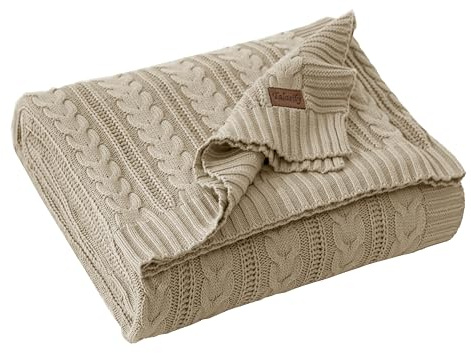 Talasily Strickdecke 150x200cm 100% Baumwolle Oeko-TEX, leichte Ganzjahresdecke Zopfmuster, atmungsaktiv weich für Frühling Sommer Herbst, Tagesdecke für Bett & Sofa, Wohnaccessoire Hellkhaki