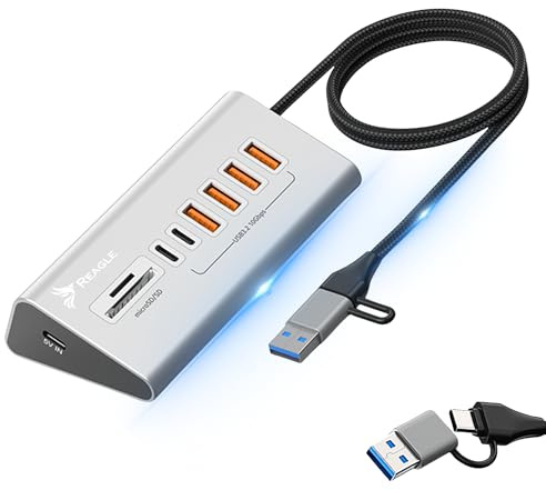 REAGLE HUB USB 8in1 Kartenleser für SD- und TF-Karten mit 100 cm Kabel für Desktop, 4X USB-A und 2X USB-C, Plug and Play, Aluminium Verteiler 10Gbps, für PC, Laptop, U-Disk, Maus