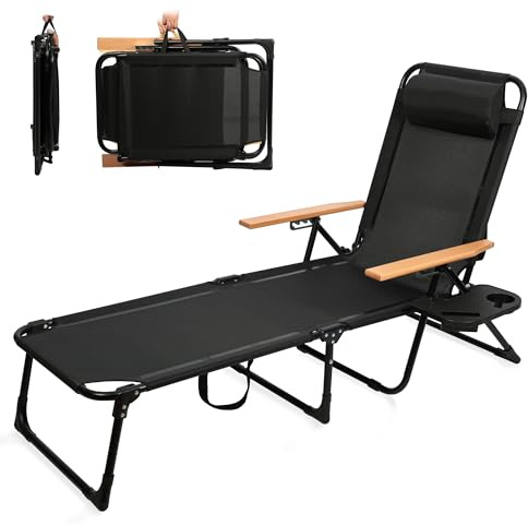 Generisch Klappbar Sonnenliege Liegestuhl, Outdoor Gartenliege inkl Kopfkissen Holz Armlehnen, bis 150 kg belastbar, Textilene Fabric für Balkon, Garten Strand Rahmen aus Kohlenstoffstahl (Schwarz)