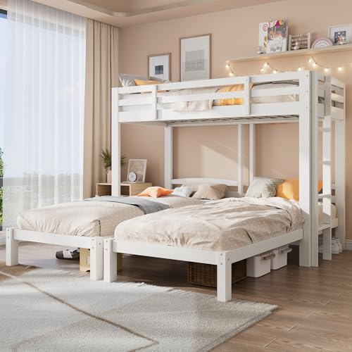 Etagenbett Bunk Bed 90x200cm Weiß Dreierbett mit Schutzgeländer Leiter Montage Bettgestell in Kiefer Massivholzbett Echtholz Stabil Robust Belastbar Jugendbett für Jugendzimmer WG-Zimmer