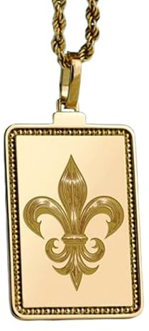 WORLD WIDE GEMS Collier pendentif Fleur de Lys gravé, en argent sterling 925 plaqué or, avec chaîne maille forçat de 45 cm (18 pouces). Bijou fait main pour homme et femme | WWS_EGP_00356