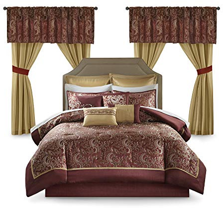 Madison Park Essentials Brystol 24 Piece Room in a Bag Faux Silk Comforter Jacquard Paisley Design Matching Curtains Down Alternative All Season Bedding-Set, Cal King(104x92), Red