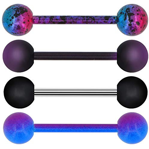 OUFER 4 PCS 14G 316L Edelstahl Purple Black Splatter Tongue Barbell Piercing JewelleryZungenpiercing Chirurgenstahl Barbell Zunge Bars
