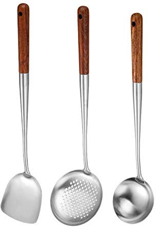 Marginf Wok-Pfannenwender, Löffel, Skimmer, Schöpflöffel, Schöpflöffel-Set, langlebig, tragbar, Edelstahl, Kochutensilien