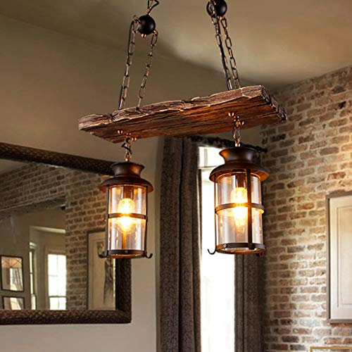 Vintage Pendelleuchte Holz Hängende Lampe Eisen Leuchte Restaurant Kronleuchter E27 Landhausstil Rustikal Edison Glas Hängeleuchte Höhenverstellbar Wohnzimmer Bar Loft Deckenleuchte,2 heads