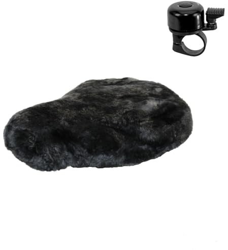 Sattelschonbezug Satteldecke Sattelbezug echtes Lammfell Gummizug XXL Dunkelgrau inkl. Fahrradklingel