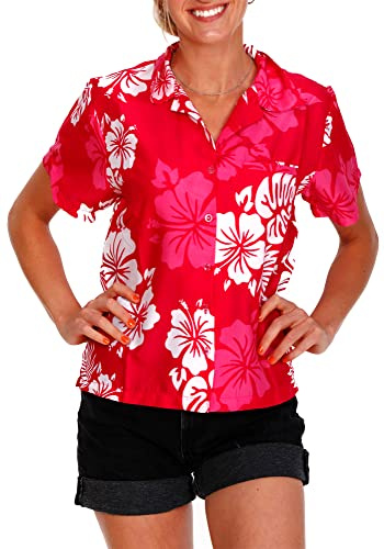 King Kameha Funky Hawaii-Bluse-Hemd Damen Kurzarm Front-Tasche Tribal Floral Blumen