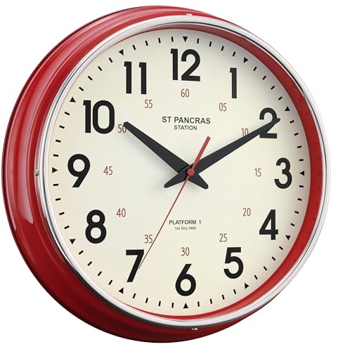 HYJOOY Reloj de pared de metal de 31,5 cm, estilo rústico, retro, clásico, silencioso, sin tictac, fácil de leer, para sala de estar, cocina, dormitorio, oficina, bar (31,5 cm, rojo)
