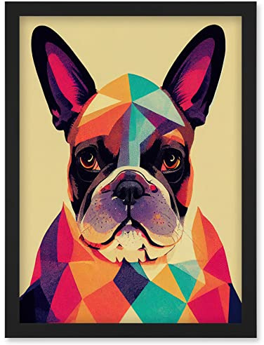 Wee Blue Coo Vibrant Colourful Geometric French Bulldog Portrait Design Artwork Framed Wall Art Print A4