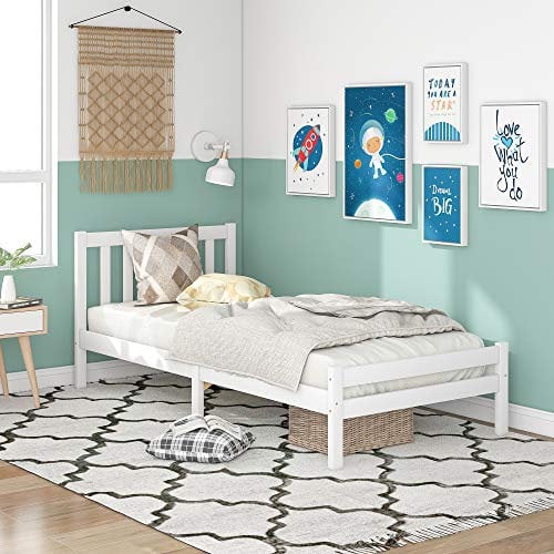 Merax Solid Wooden Bed Frame, Single 3ft Bed for Bedroom, Adults, Kids, Teenagers, 90 x 190 cm (White) - Sturdy, Stylish and Easy to Assemble