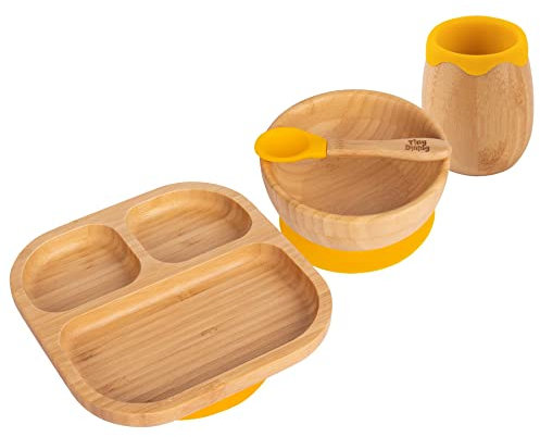Tiny Dining Baby Feeding Set - Divided - Yellow - 4pc - Divided Non-Slip Bamboo Self-Feeding Weaning Plate, Bowl, Drinking Cup & Spoon for Babies, Toddlers, Children