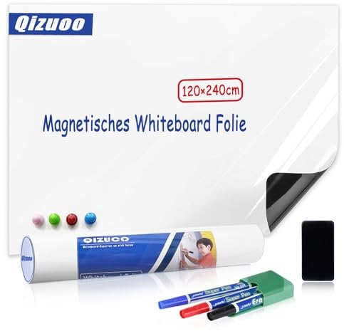 Qizuoo Magnetisch whiteboard folie,120×240cm magnettafel selbstklebend,Magnetisch Selbstklebend Weißwandtafel Folie,Abwischbare Tafel,Geeignet für Kindermalerei,Schulen,Büros und Familien
