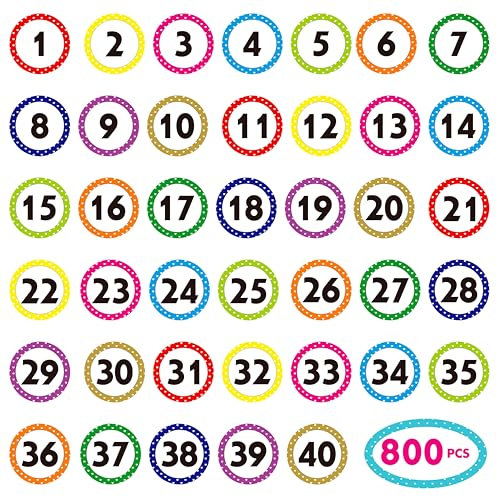 800 PCS 1-40 Nummernaufkleber, Polka Dot wasser-/ölfeste fortlaufende Nummernaufkleber, rückstandsfrei ablösbar für Innenräume, Büro, Klassenzimmer, Lagerung, Organisation (2.5cm, 20 Blätter)
