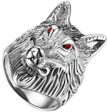 JewelryWe Ring Herren Wolf Kopf: Silber Edelstahl Wolfskopf Herrenring mit roten Augen Gothic Biker Rocker Männer Band Bandring mit Gravur Größe 65