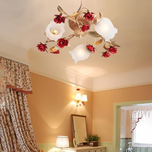 PTLYE Plafonnier Fleur Rose, Lustre Floral Rustique Rose Romantique, lustres en Fer pour Salle à Manger, Lampe Suspendue, plafonnier Suspendu pour Salon, Salle à Manger, Chambre à Coucher, 3 têtes
