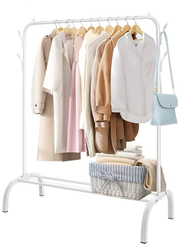PetHot Clothes Rail for Bedroom Hanging Rail for Clothes Coats, Metal Clothes Rack with Hooks and Mesh Shlef, Heavy Duty Garment Hanging Rack with Storage Shelf, Store Boxes Shoes Coats (White)