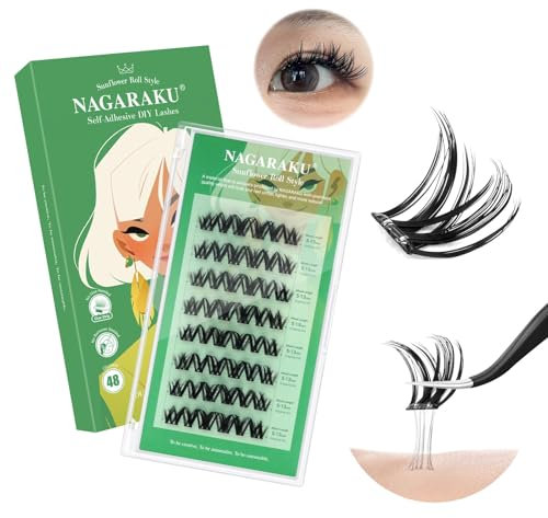 NAGARAKU Pestañas Autoadhesivas 48 Racimos DIY Pestañas Adhesivas Un Paso Presionando Sin Pegamento Ni Removedor Reutilizables Pre-pegado Suave Eyelash Aspecto Natural Sunflower Roll (0,07mm C 5-13mm)