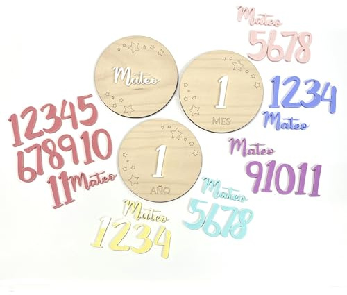 Qukimax® Cumple Mes Bebé Madera Personalizado con Números Auto Montables | Disponible en Castellano, Disponible en Català, Disponible en Valencià, Disponible en Galego, Regalo Recién Nacido