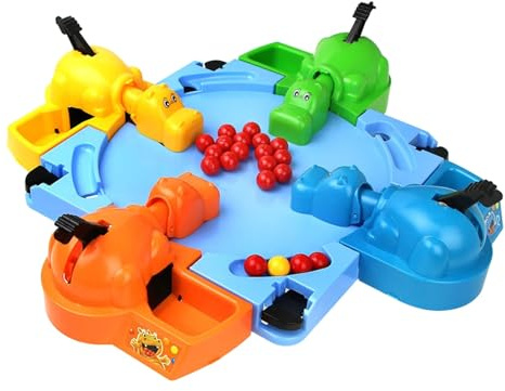 Hungry Hippos Spielzeug für Kinder, Interaktives Familienspiel mit 4 Nilpferden, Blau-Orange-Grün-Gelb, 38,5 x 38,5 cm, 2-4 Spieler, ab 4 Jahren