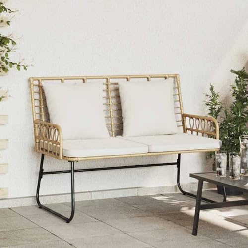 Yunovire Gartenbank Braun und Creme Poly-Rattan, 3-teiliges Loungeset für 2 Personen, wetterfestes Outdoor Sofa mit Kissen, Balkon Gartenmöbelset
