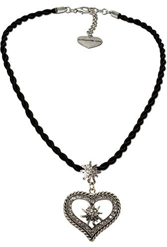 Alpenflüstern Kordel-Trachtenkette Strass-Edelweiß Herz - Damen-Trachtenschmuck mit Trachtenherz, Dirndlkette schwarz DHK216