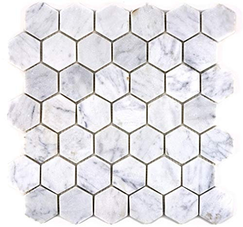 MOS44-0103 - Piastrella a mosaico, in pietra naturale, effetto Carrara, colore: Bianco antracite