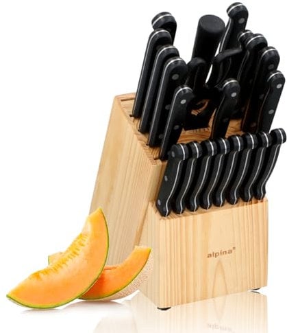 alpina Messerblock 22-Teilig - Messerset mit Block - Küchenmesser Set - 18 Verschiedener Messer - Inkl. Schärfer und Schere mit Antihaftbeschichtung - 21 x 15 x 22 CM - Messerblock aus Holz