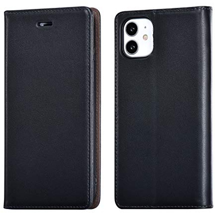 UEEBAI Case for iPhone 11 6.1 inch, Genuine Leather Flip Case with RFID Blocking Luxury Vintage Wallet Cover Soft TPU Shell Card Slots Magnetic Closure Kickstand Protective Case for iPhone 11 - Black