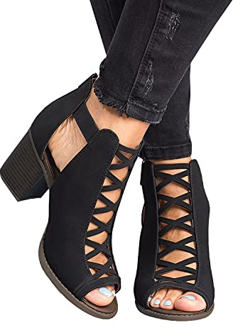 ORANDESIGNE Sandalias de Tacón Ancho para Mujer Peep Toe Sandalias Romanas Verano Botines Suede Caña Baja Botas Oficina Negro 40 EU