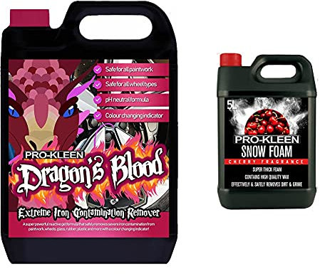 Pro-Kleen 5DB Dragon's Blood Iron Contamination Fallout Remover, pH Neutral, Fast Acting Alloy Rim Cleaner & 5LCNF Snow Foam pH Neutral, Super Thick and Non-Caustic – (5L Cherry Fragrance)