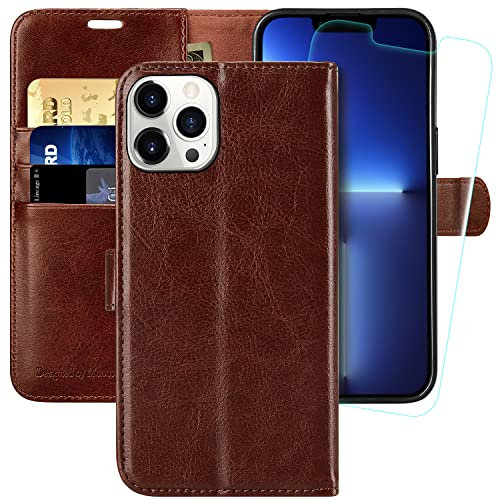 MONASAY Wallet Case for iPhone 13 Pro Max 5G,6.7-inch[Glass Screen Protector Included] [RFID Blocking] Flip Folio Leather Cell Phone Cover with Credit Card Holder,Brown