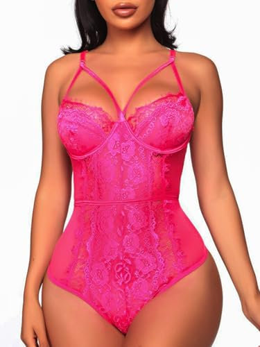 Buitifo Donna Sexy Lingerie Babydoll Body Senza Ferretto Un Pezzo Lingerie Sleepwear Trasparente Camicia da Notte Teddy Scollo a V Biancheria Intima(Rosarot,M