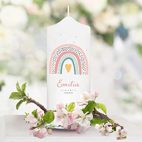 Wandtattoo Loft Taufkerze Mädchen personalisierte Patenkerze, Motiv mit rosa Regenbogen, 18cm x 7cm, personalisierte Kerze, bedruckte Kerze Taufe, Stumpenkerze, Geburtkerze, individuelles Taufgeschenk