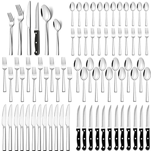 Joyfair - Cubertería para 12 personas, 72 piezas, acero inoxidable, con cuchillo de carne, cubiertos de alto pulido, modernos y elegantes para el hogar, restaurante o hotel, apto para lavavajillas