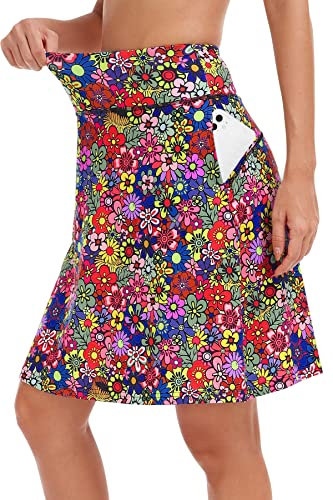 KORALHY Knielange Skorts für Damen, hohe Taille, Tennisrock mit Reißverschlusstasche, 50,8 cm, Farbe Blume, Groß