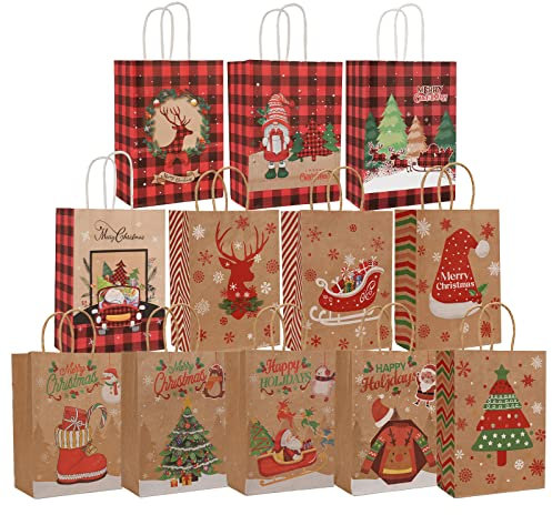 Geschenktüten Weihnachten, 12 Stück Weihnachtstüten Papiertüten mit Griff, Weihnachts Kraft Geschenktaschen, Zur Aufbewahrung von Geschenken, Gebäck, Partyzubehör (21 x 15 x 8 cm)