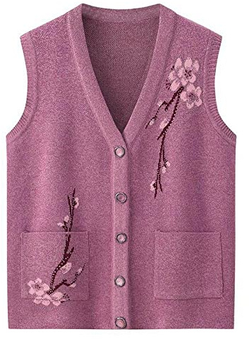 LCDIUDIU Sweater Pullunder,Damen Strickwesten Elegant Verdicken Lila Blumenjacquard V-Ausschnitt Tasche Strickjacke Weste Herbst Locker Weich Ärmellos Gestrickt Tanktop Ältere Damen Weste,XL