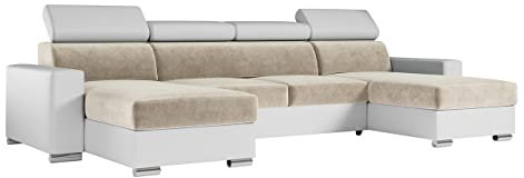 MKS MEBLE U-Form Wohnlandschaft Mit Schlaffunktion, XXL Sofa, Couch Mit Bettkasten - Fox U Creme Weiß Monolith
