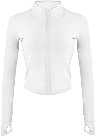 Sukany Women's Lightweight Full Zip Running Track Jacket Workout Slim Fit Stretchy Athletic Yoga Sportwear with Thumb Holes White XS
