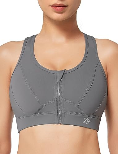 Yvette Sport-BH mit Reißverschluss vorne – schlagfester Sport-BHS für Damen, Übergröße, Workout, Fitness, Laufen, GRAU, M