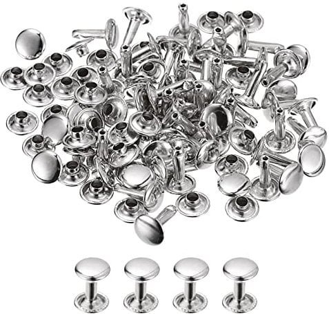 sourcing map 100 Sets Leather Rivets, 9mm Double Cap Rivets 12mm Height Metal Studs Rivet for Leather Craft Repair DIY Purse Belts Bags Shoes, Silver Tone