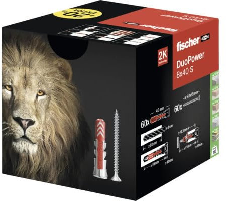 Fischer 60 Tasselli Duopower con Vite, 8 x 40 mm, per Muro pieno, Mattone Forato, Cartongesso, 568872 (8 x 40)