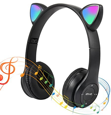 Cliplanyard Bluetooth Wireless Kids Headphones, Cat Ear LED Light Headset with Microphone, Over Ear Stereo Children Headphones TF Card/Wired Foldable Earphones Girls Boys Gift Age 7+ Black